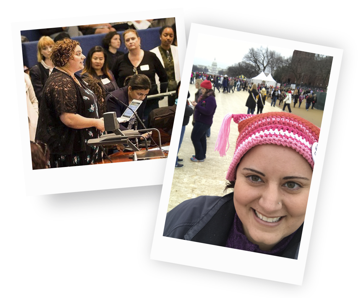 Two photos with a collage style. The left photo shows women at a conference or event, standing in front of a microphone and computer screen, listening. The right photo shows a woman outdoors at a busy event, wearing a pink knit hat with a unicorn horn, smiling, and with the US Capitol building in the background.
