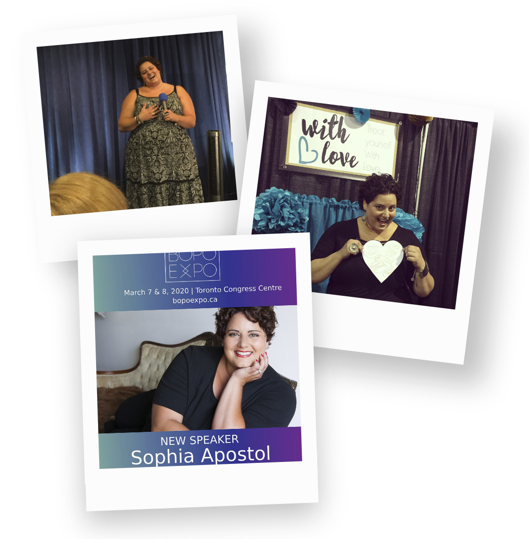 Three photos of a woman with short curly brown hair. In the first, she is on stage holding a microphone, wearing a patterned dress, standing in front of blue curtains. In the second, she is holding a paper heart, smiling, in front of a decorated backdrop with a sign that says 'with love'. In the third, a promotional flyer for the Expo, showcasing her as a new speaker at an event on March 7-8, 2020 at the Toronto Congress Centre, with her name, Sophia Apostol, and a portrait of her smiling, wearing a black shirt.