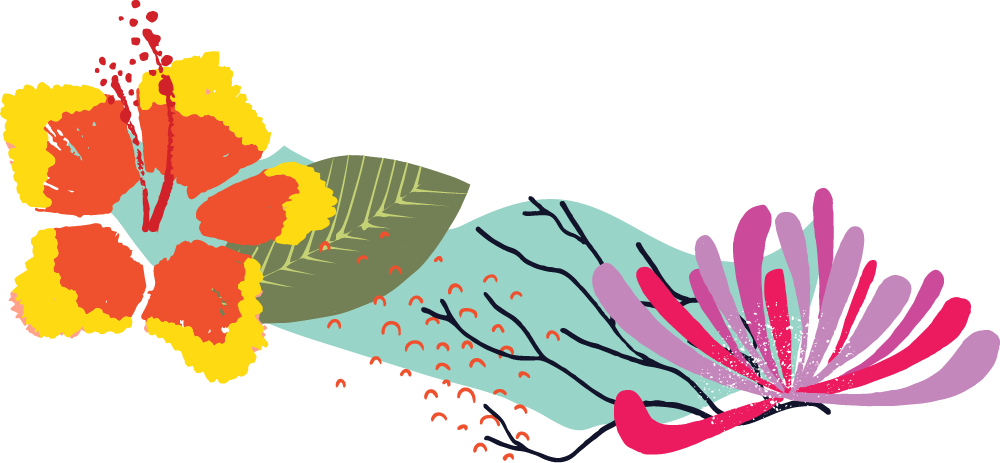 A colorful illustration of a tropical flower with a mix of yellow, orange, purple, and pink petals and green leaves
