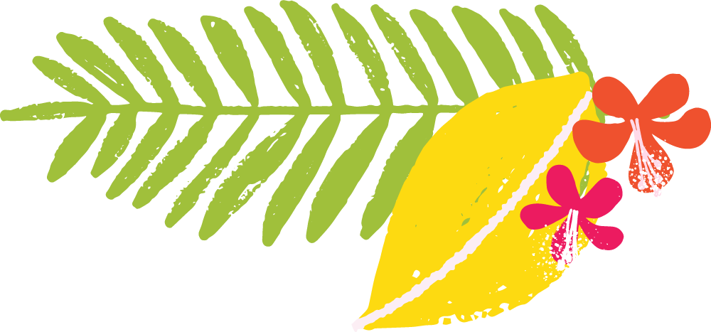 Illustration of a yellow leaf with pink and red hibiscus flowers, and a green fern leaf in the background.