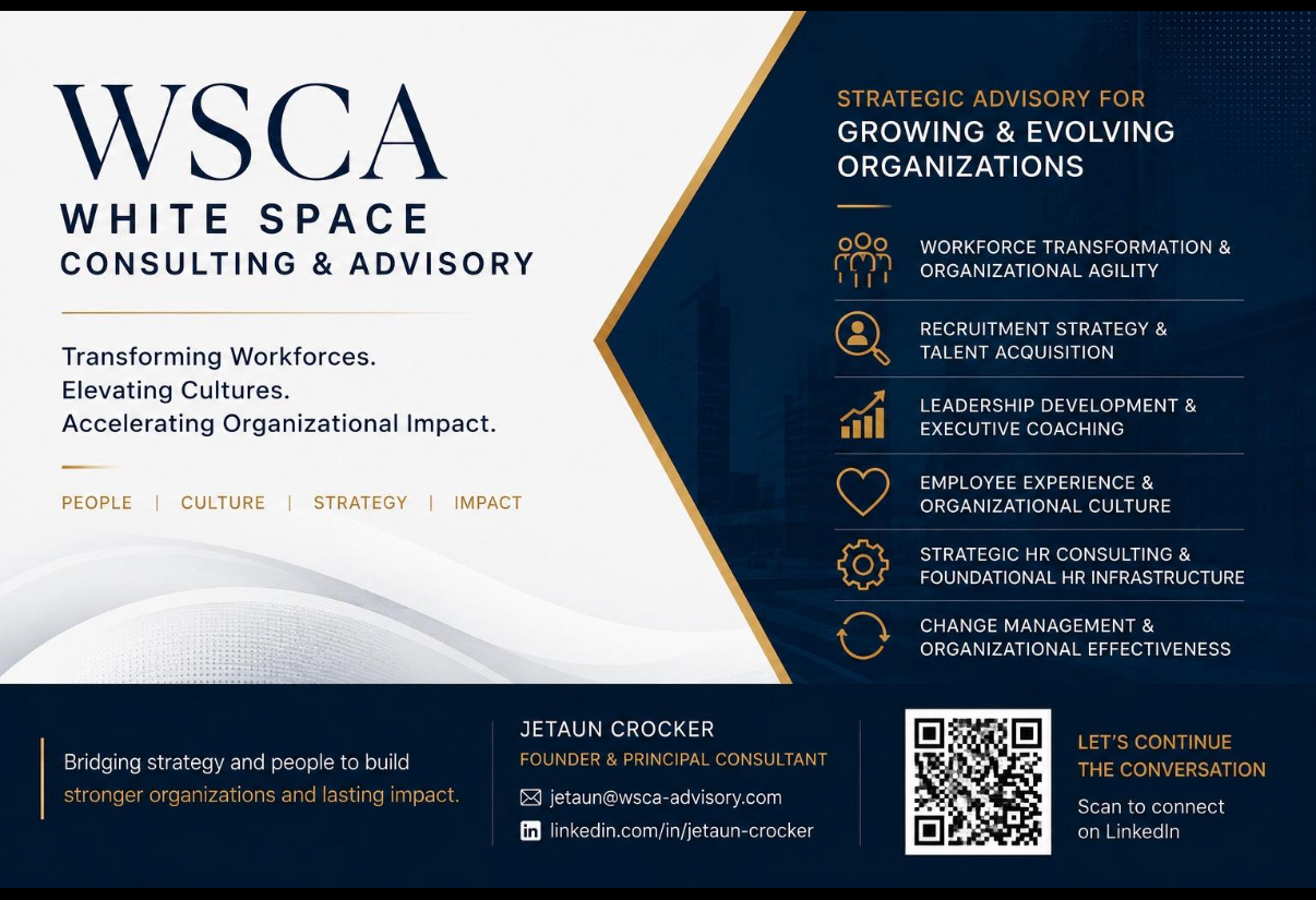 Business pitch graphic with WSCA White Space Consulting & Advisory logo, describing services in workforce transformation, talent acquisition, leadership coaching, organizational culture, HR consulting, change management, with contact details and a QR code.