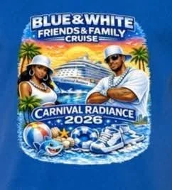 Promotional graphic for a cruise event titled 'Blue & White Friends & Family Cruise' with the theme 'Carnival Radiance 2026', featuring a cruise ship, two people in white hats and sunglasses, and tropical elements like palm trees and balls.