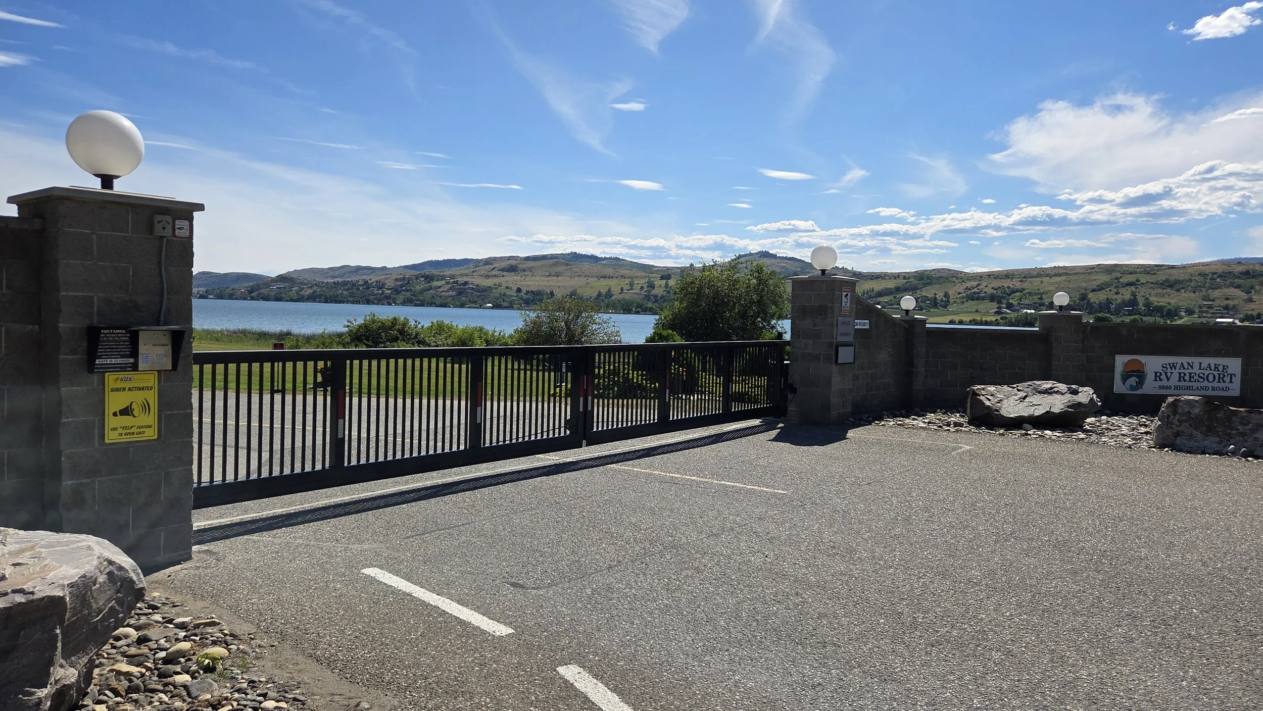 Swan Lake RV Resort front gate.