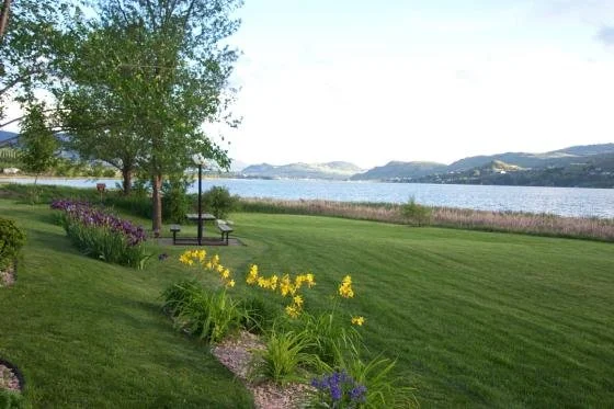 View of Swan Lake RV Resort lakeside lawn.