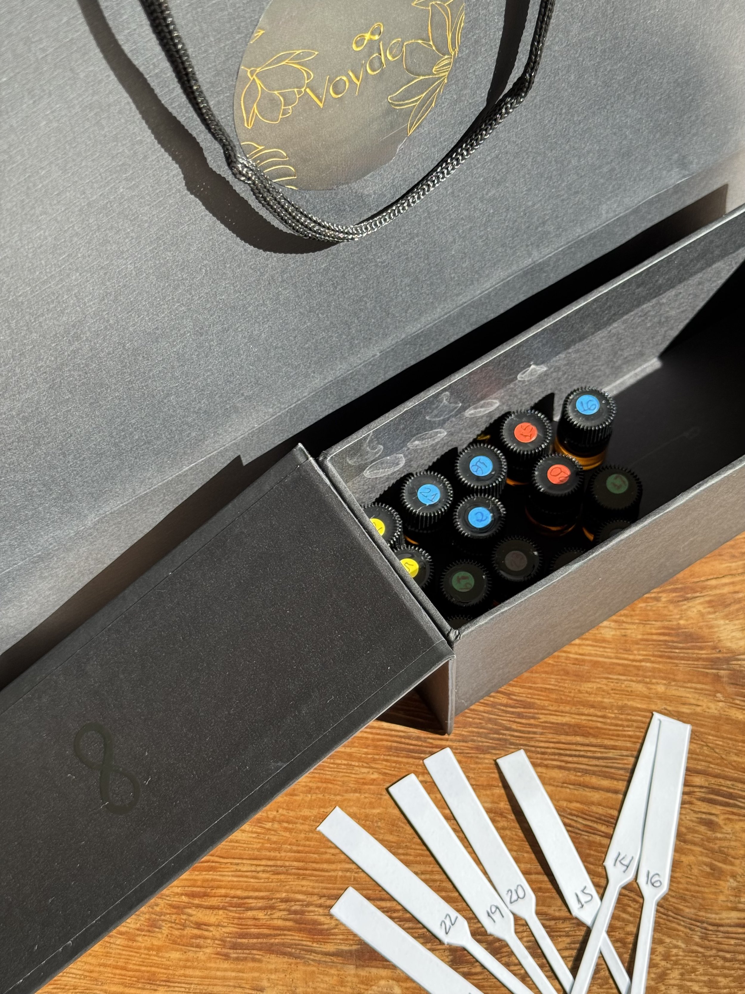 Black Voyde Wellbeing bag. Bespoke experience, there are small white paper yardsticks numbered and placed on a wooden table.