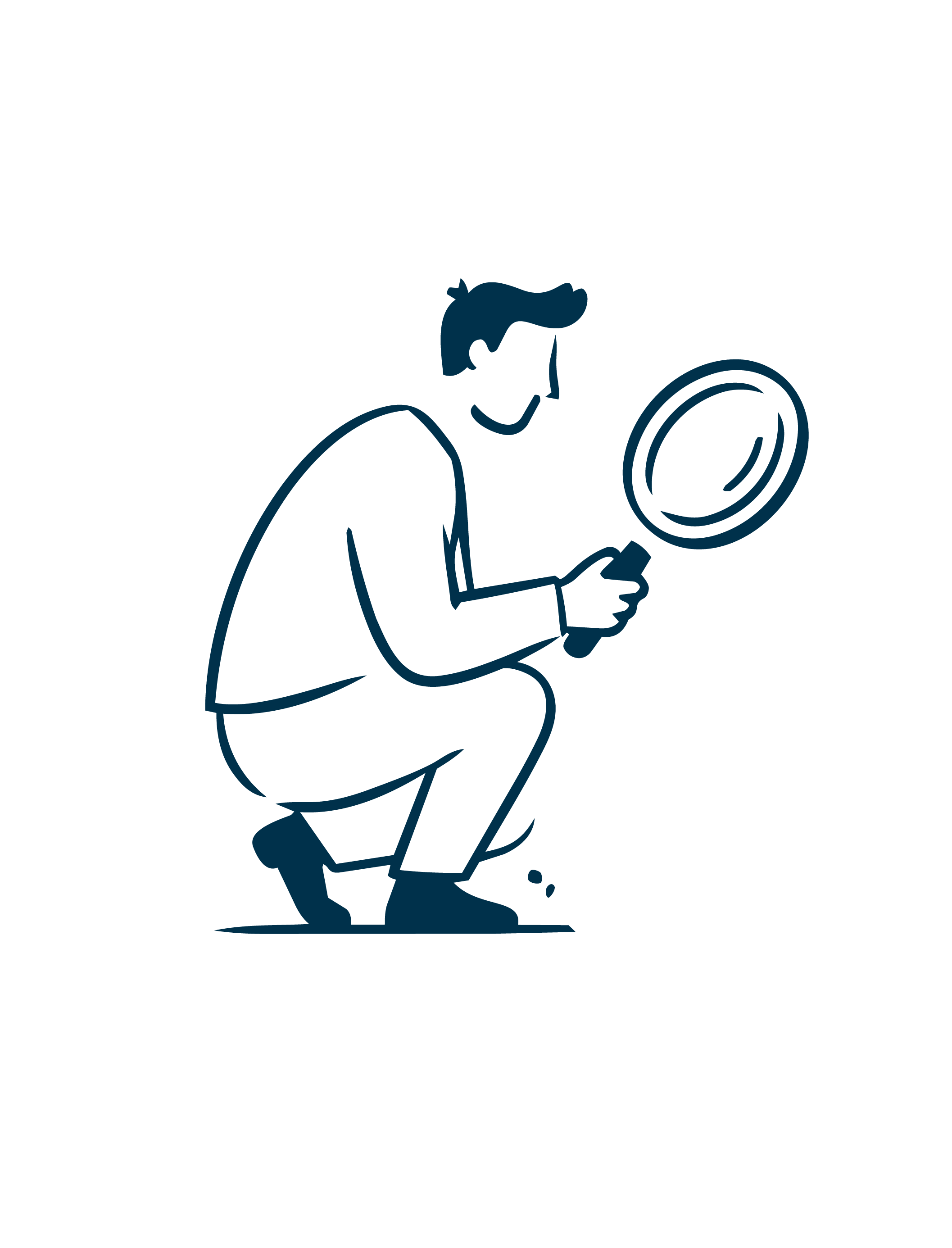 Line drawing of a man crouching and looking at a smartphone in his hands.