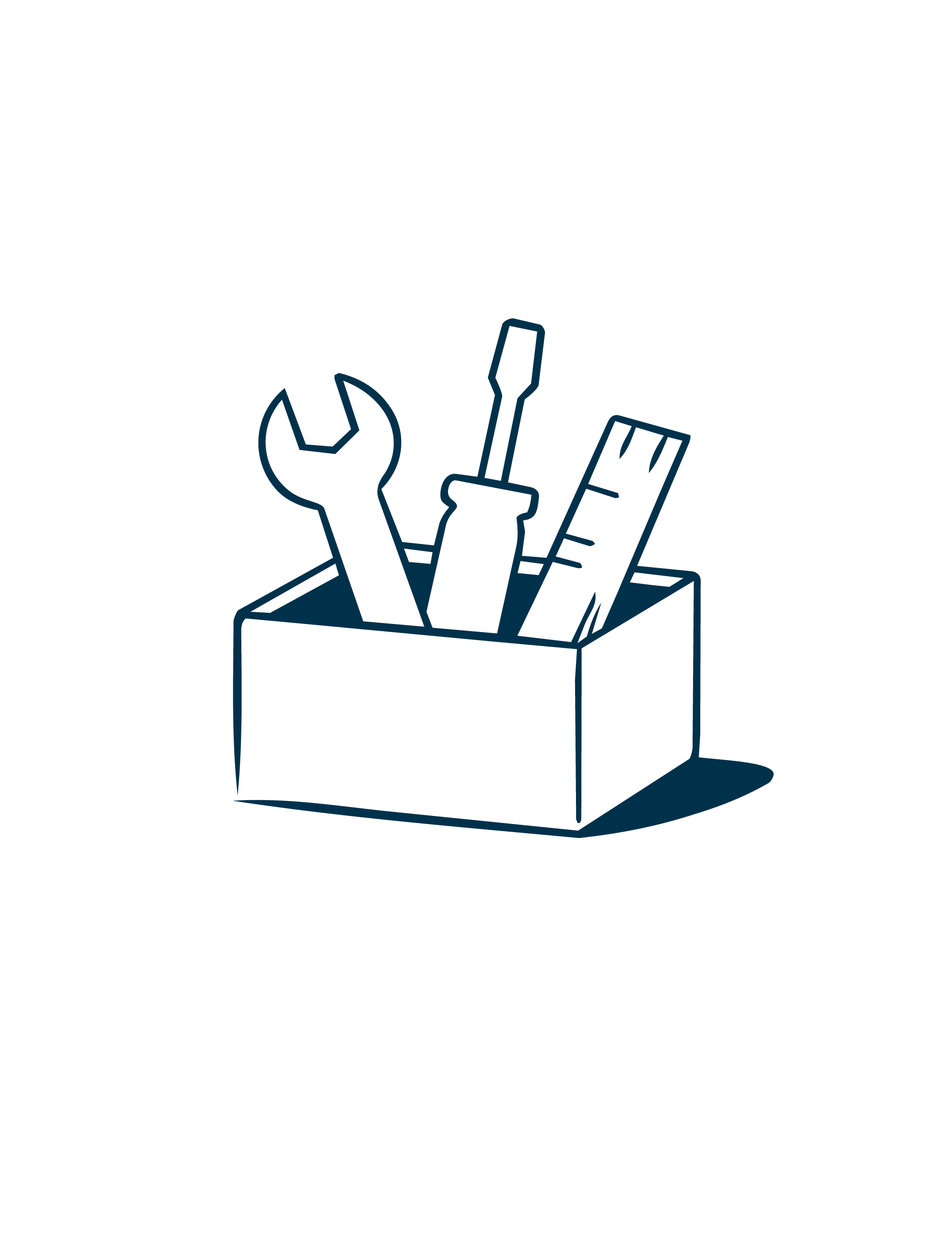 Outline drawing of a box of tools including a wrench, screwdriver, and ruler.