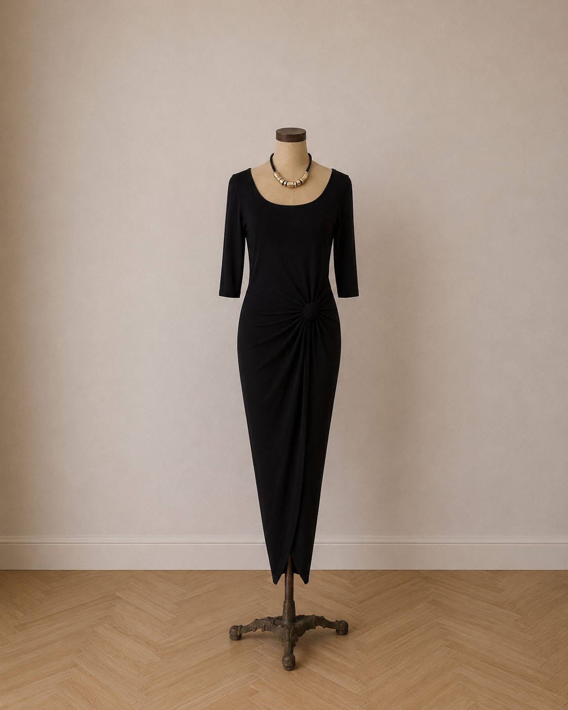 Black Midi Dress with Knot Front