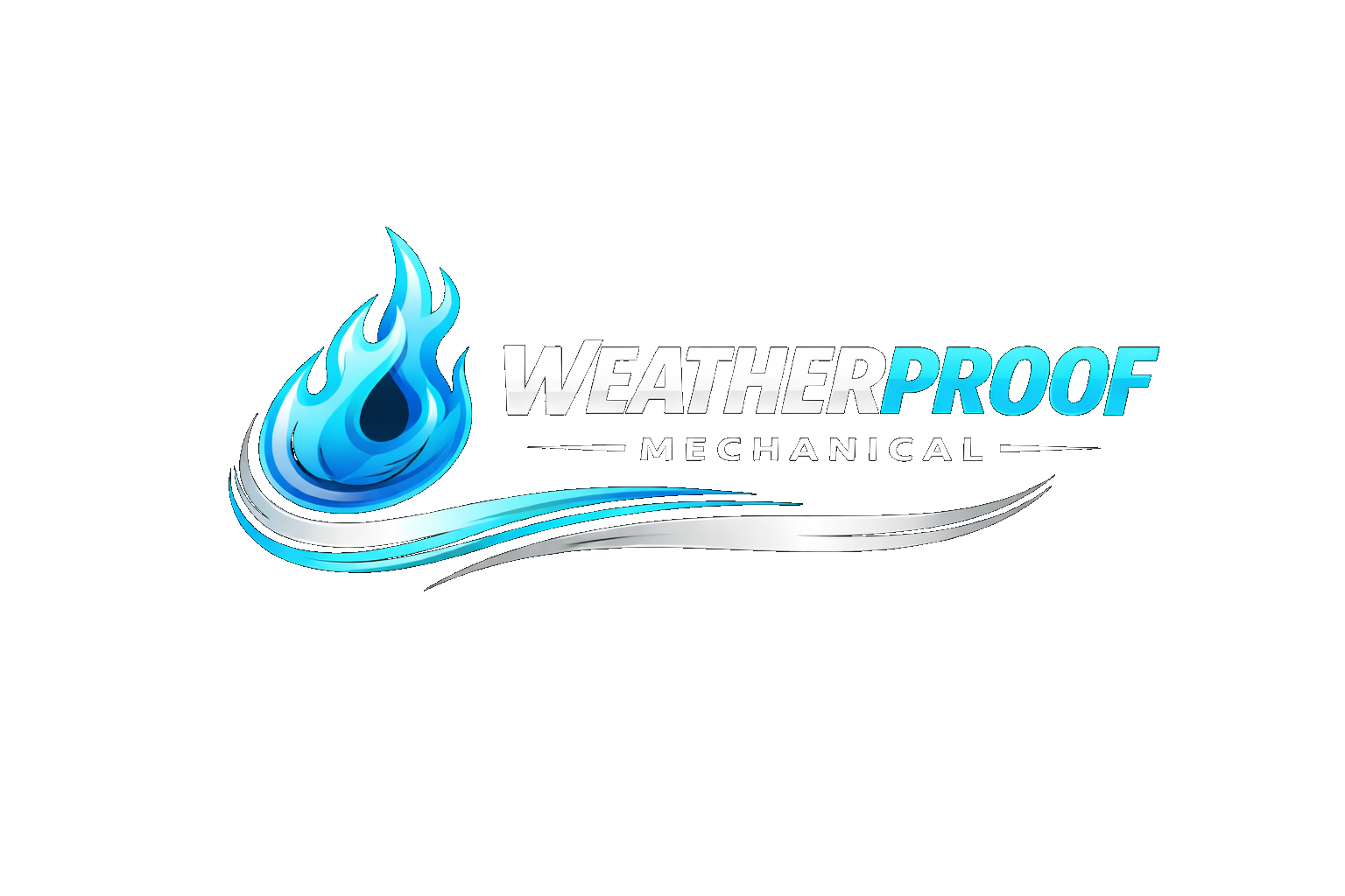 Logo for Weatherproof Mechanical featuring a blue flame with dynamic lines and stylized text in silver, white, and cyan on a black background.