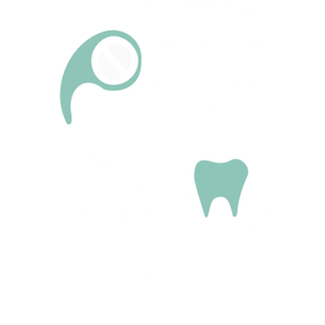 Simple line drawing of a person brushing a large tooth with a toothbrush, with a smaller tooth nearby