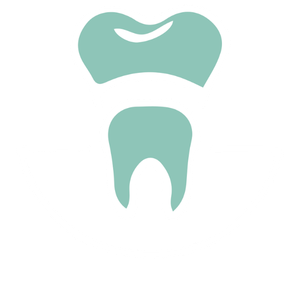 Illustration of a tooth with a dental crown on top, positioned inside a dental sink or basin.