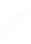 Black and white illustration of a syringe with a drop of liquid at the needle's tip.