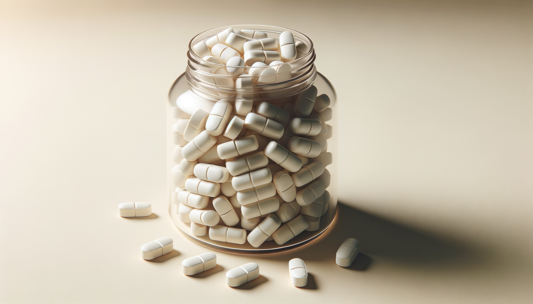 Frasco de vidrio transparente lleno de pastillas blancas ovaladas y algunas sobre la superficie a su lado.