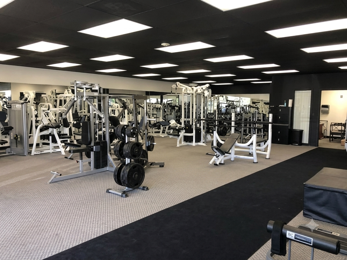 Frankie Favaloro works out of Pro Fitness Studio. This is a photo of the empty gym with various workout equipment including weight machines, free weights, benches, and cardio machines, illuminated by overhead ceiling lights.