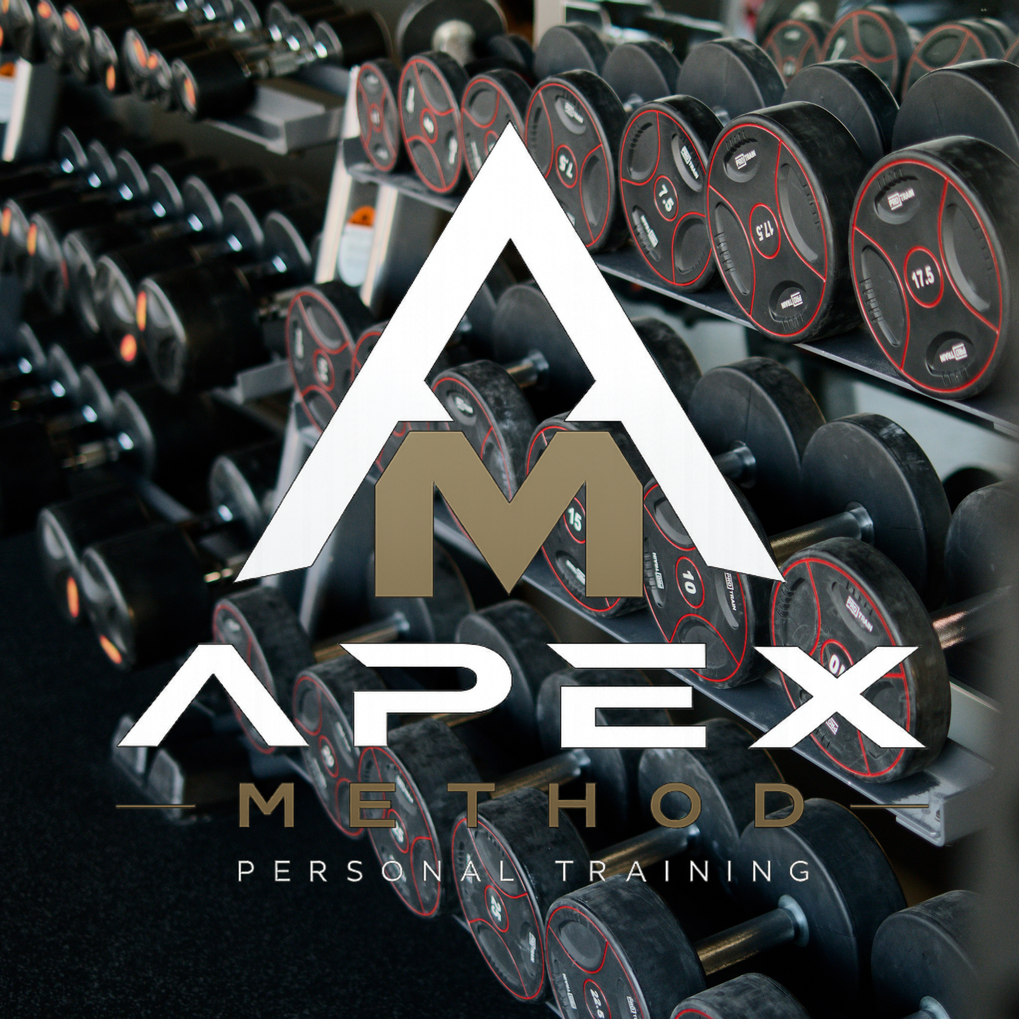 A set of black dumbbells with red markings on a grey stand at a personal training gym with the Apex Method PT logo overlaid.