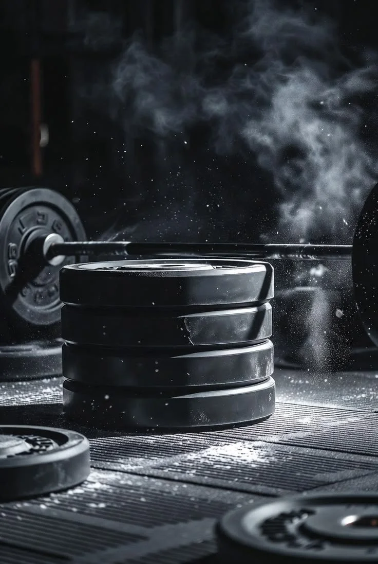 A stack of black weight plates on a gym floor with a barbell in the background, dust and chalk particles in the air.