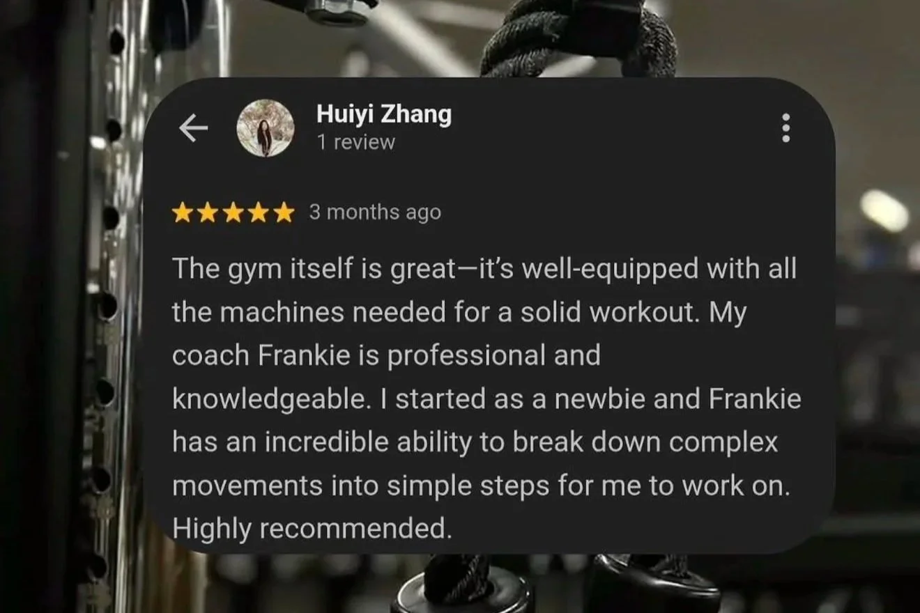 Screenshot of a five-star review for a gym written by Huiyi Zhang, praising the gym's equipment and trainer Frankie Favaloro. Frankie Favaloro is the founder and creator of Apex Method PT