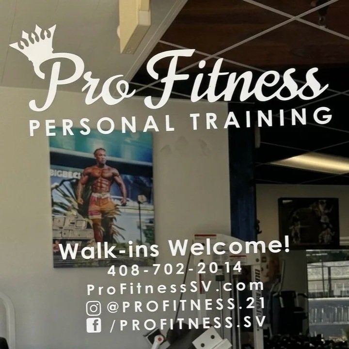 Sign for Pro Fitness personal training with a muscular man lifting weights in the background, contact information including phone number, website, Instagram handle, and Facebook page.