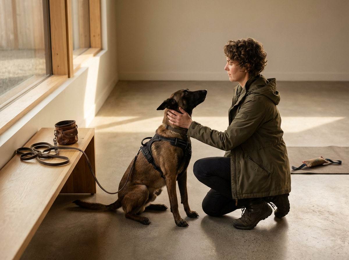 A woman kneeling and holding a Belgian Malinois police dog inside a building, near a wooden bench with a leash and a small bag on it, looking at each other.