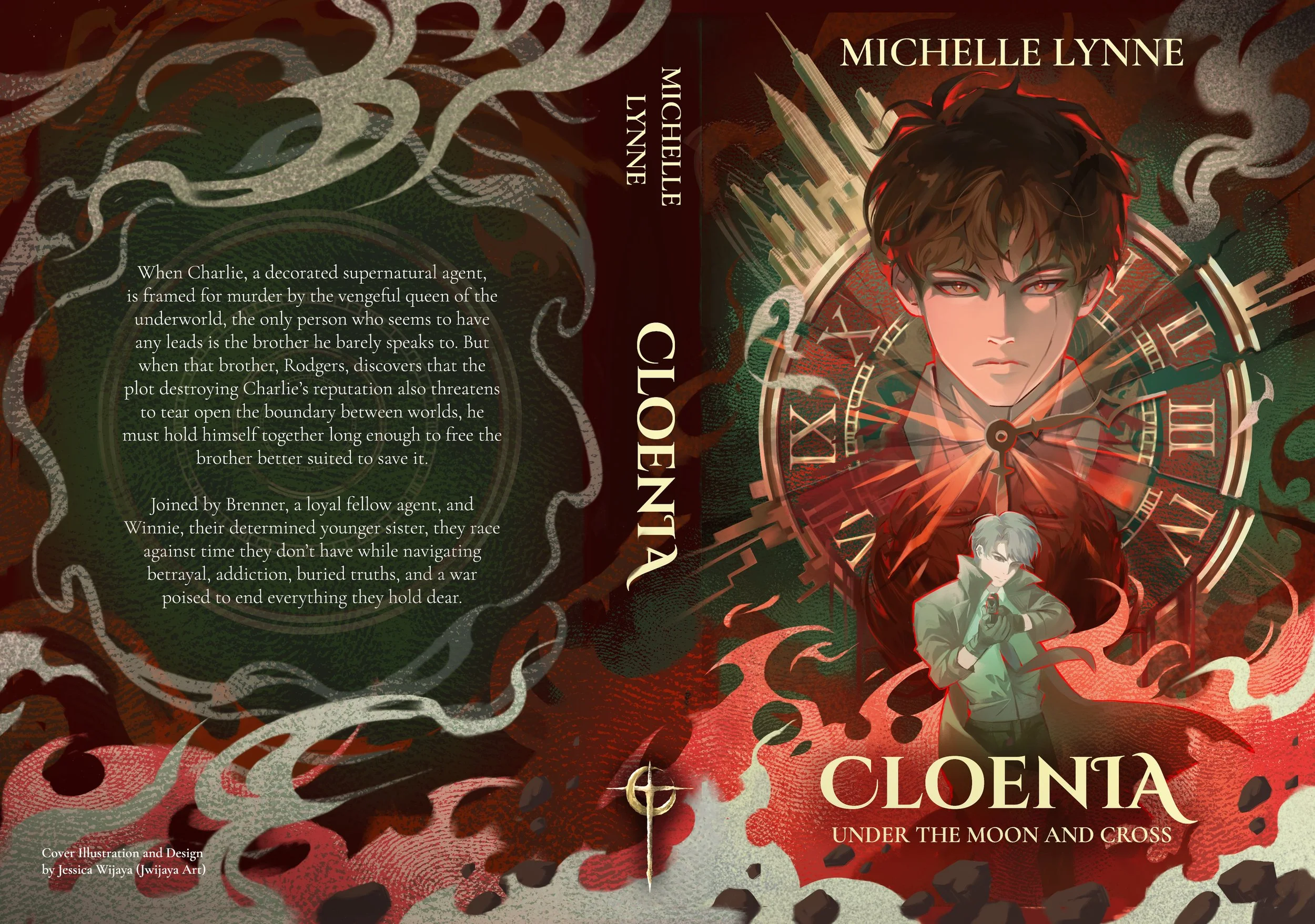 Book cover of 'Cloenta' by Michelle Lynne featuring a young man with brown hair and red eyes, surrounded by dark, swirling smoke and abstract clock designs in red, green, and brown tones.