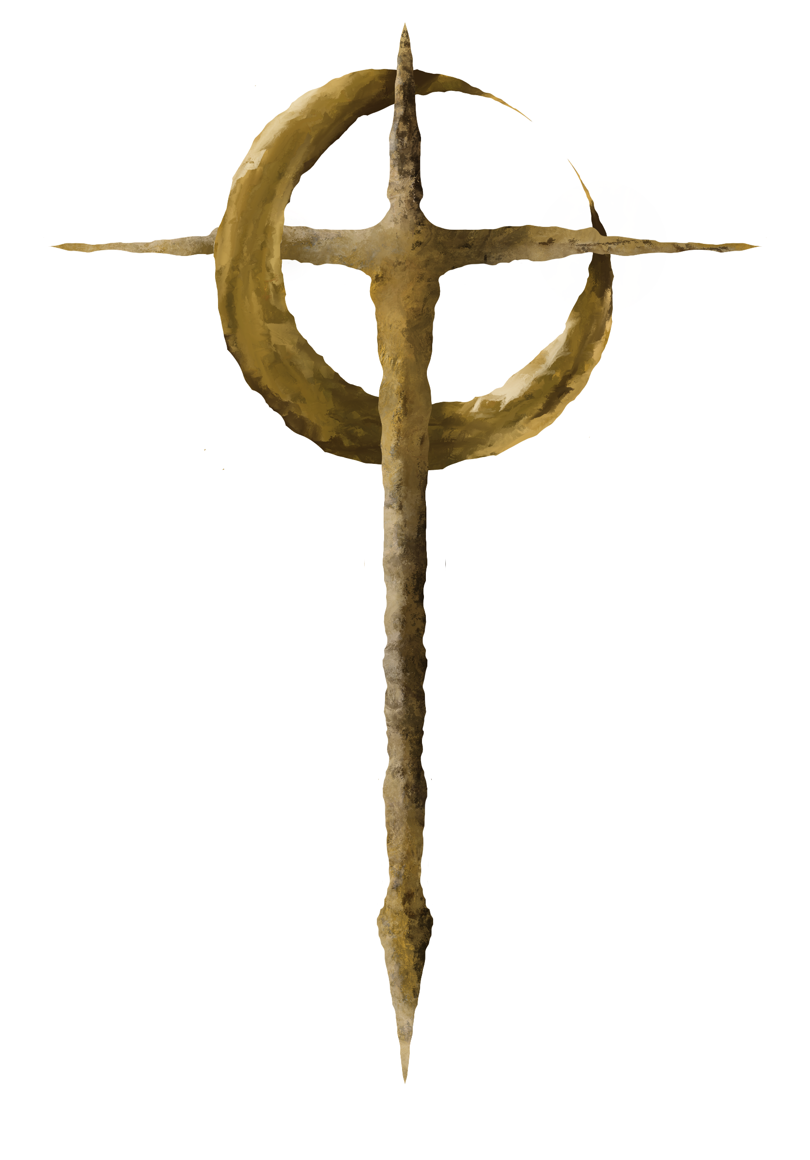 A rusty metal cross with a circular band around its center, mounted on a weathered wooden pole, against a dark background.