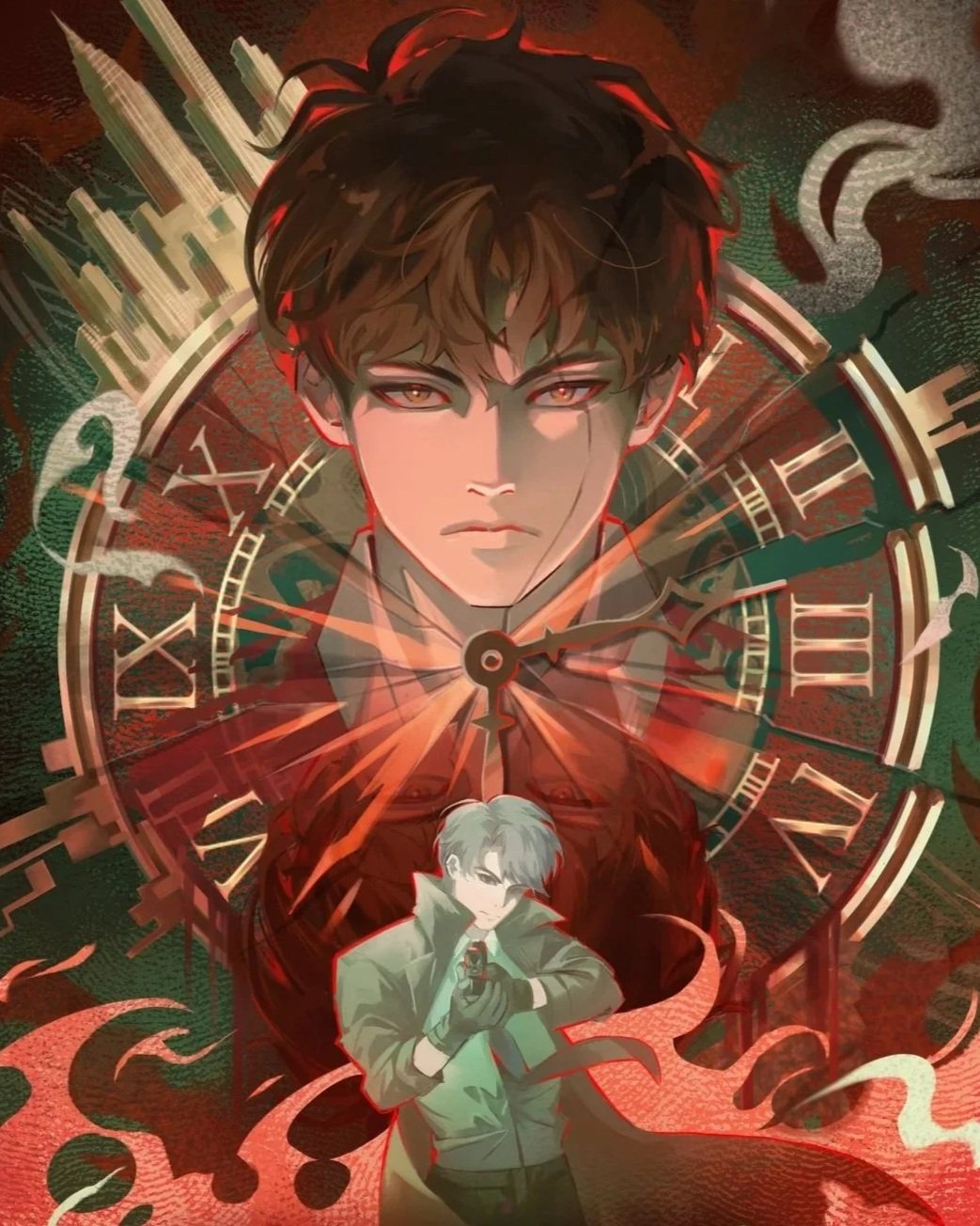 Anime-style illustration of two males with a large clock background, one with dark hair and intense eyes at the top and a smaller one with grey hair holding a gun at the bottom, surrounded by swirling smoke and fiery elements.