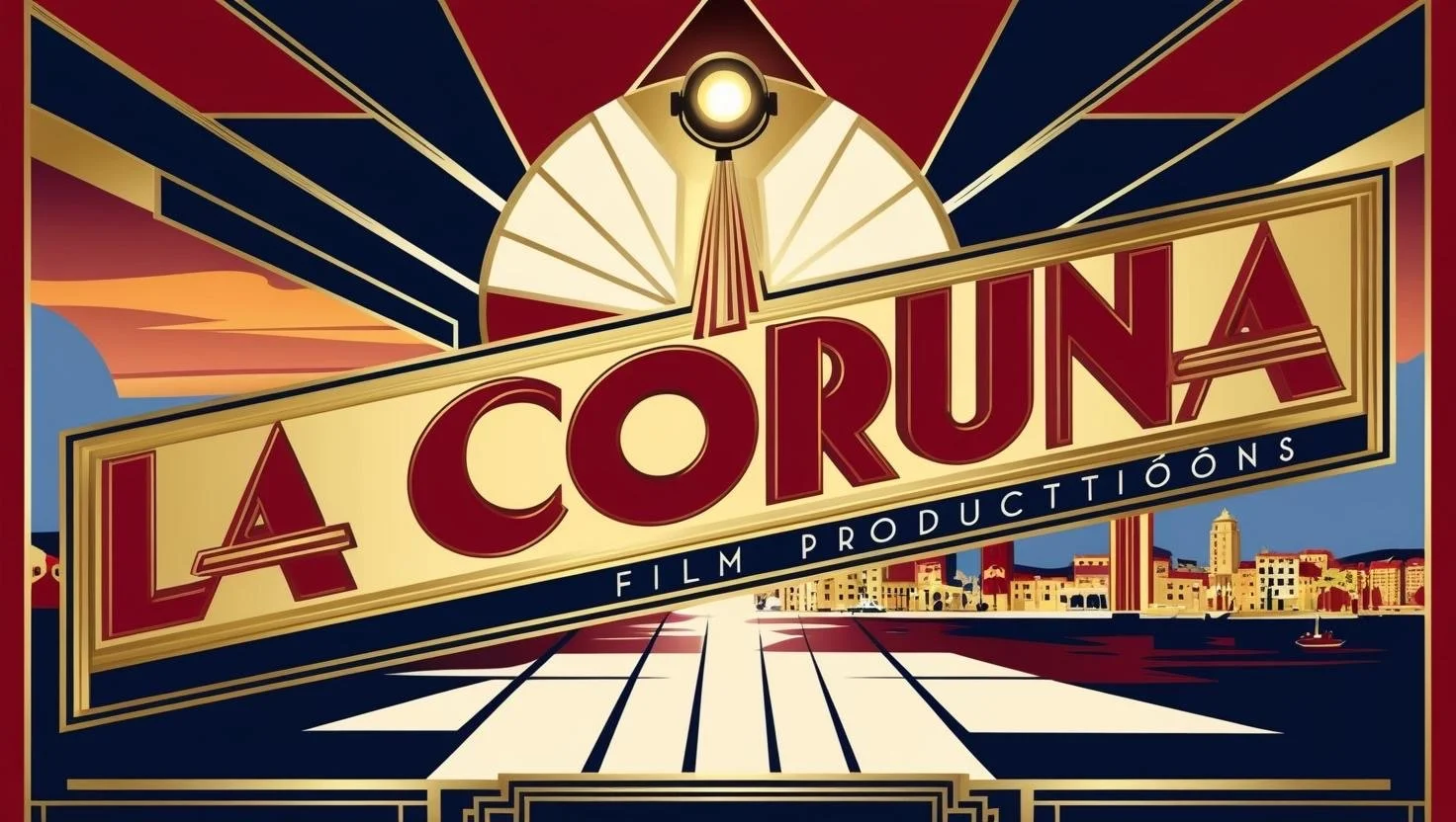 Vintage-style movie theater sign for 'La Coralina' film production, featuring a city skyline, sunset, and stylized artwork.