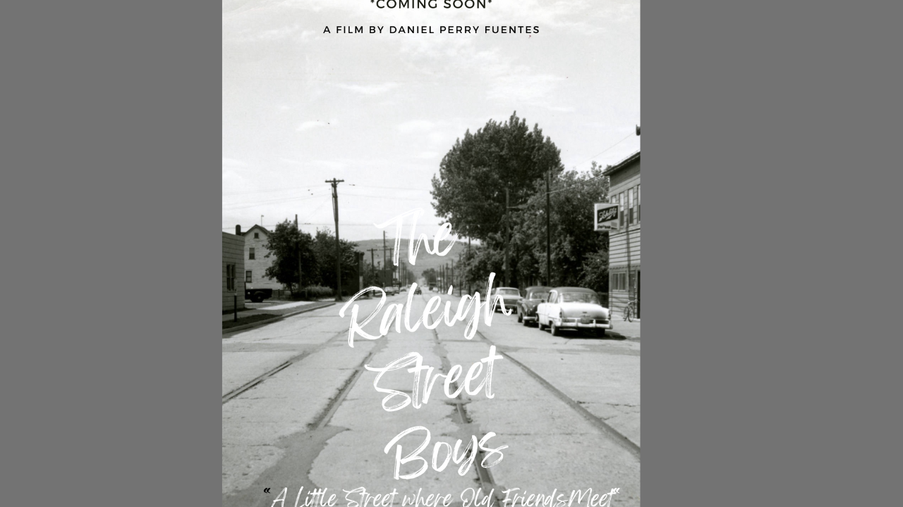 Black and white photo of a street with parked cars, trees, and buildings, with white handwritten-style text overlay reading "The Raleyn Street Boys" and a quote at the bottom.
