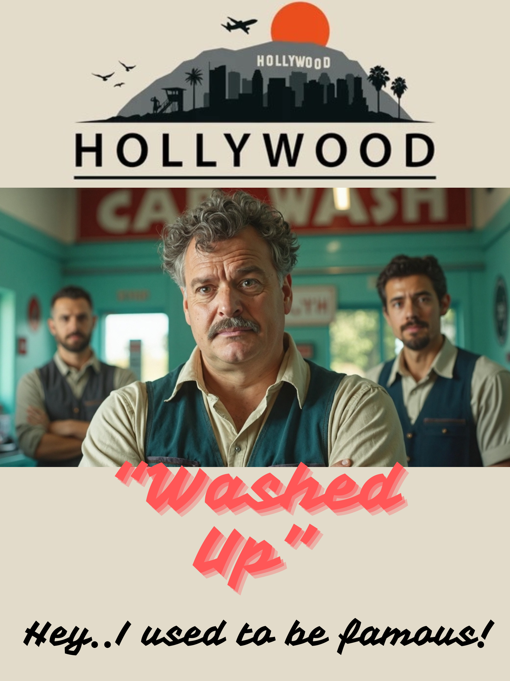 A scene from the movie 'Watched' featuring three men in a diner setting. The man in front has gray curly hair, a mustache, and is wearing a beige shirt and a green vest. The two men behind him have dark curly hair and are dressed in casual attire. The background shows a sign with partially visible text and a blue-green decor.