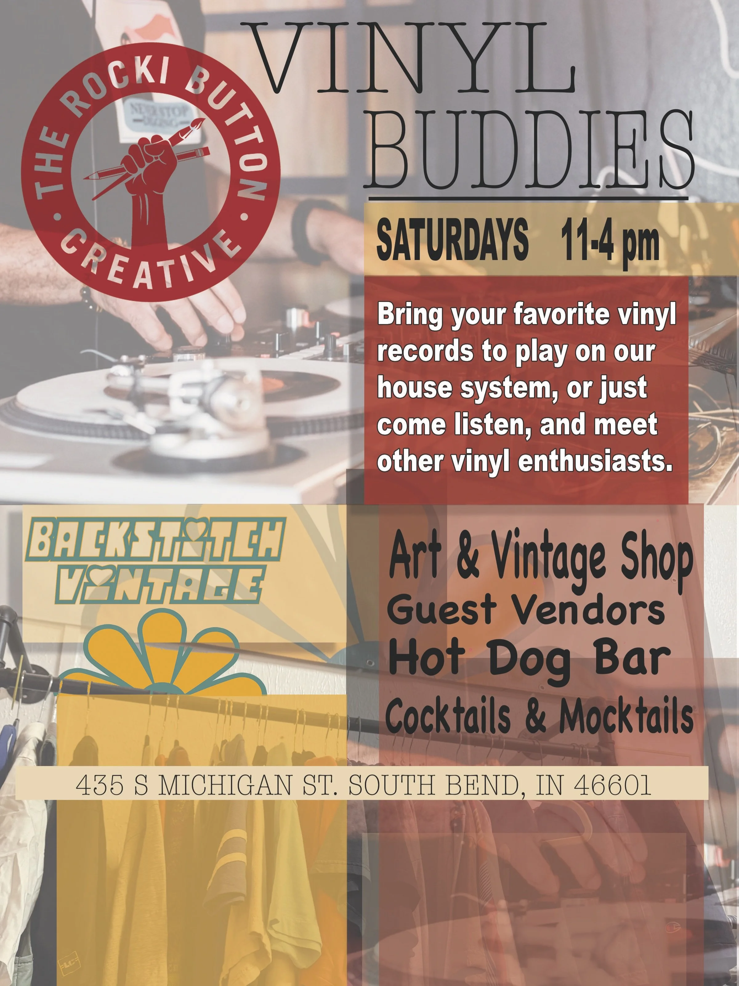 🎶 Tomorrow: Vinyl Buddies 🎶

Join us Saturday with great music and great company.

Bring a favorite record to play, browse vintage, and hang out with fellow vinyl lovers.

✨ BackStitch Vintage
🍸 Cocktails &amp; Infused Mocktails
🥂 $5 Mimosas
🌭 F
