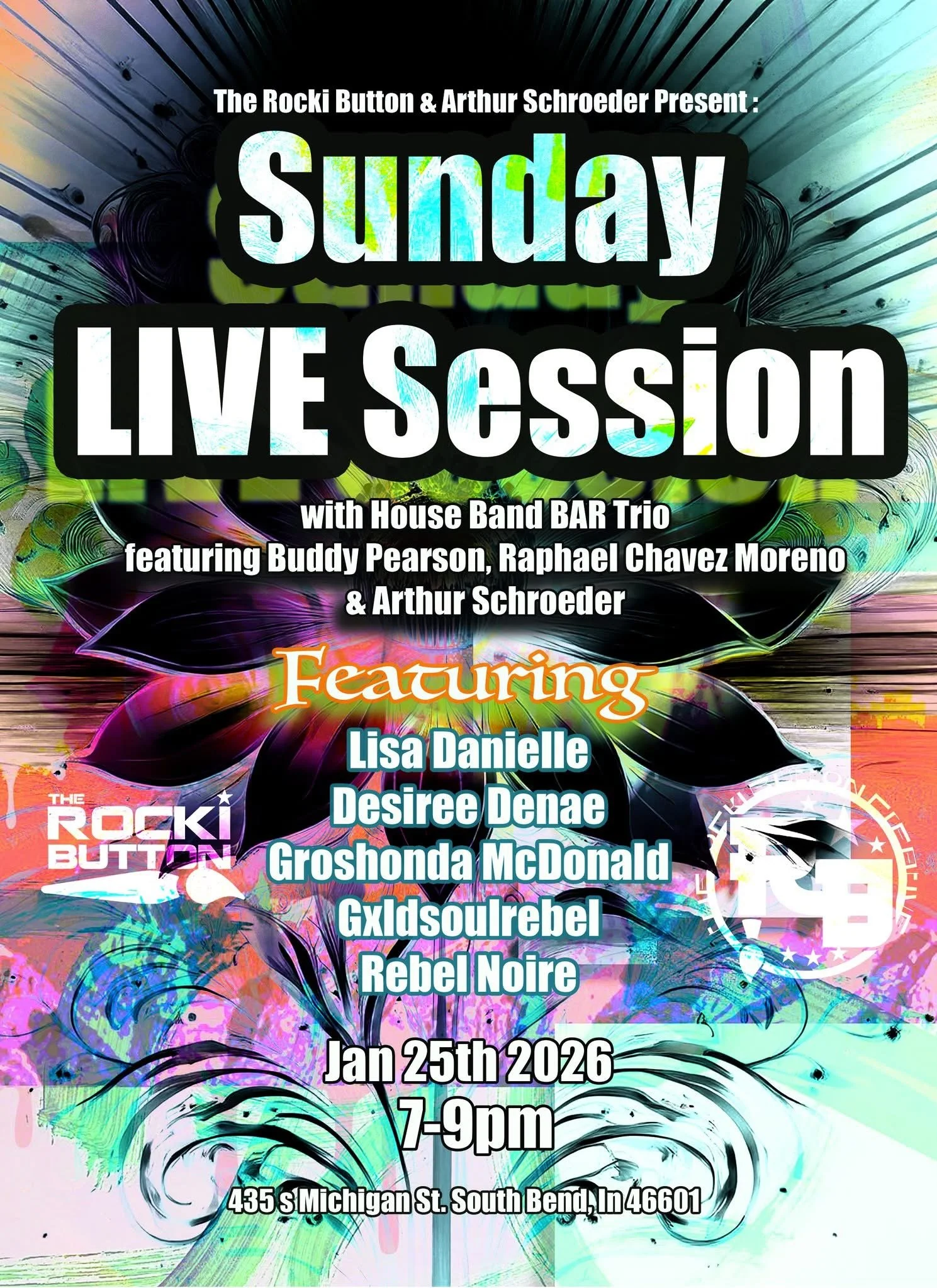 Colorful abstract background with text overlay promoting a live music event. Details include the event date, time, location, performing bands, and featured artists.