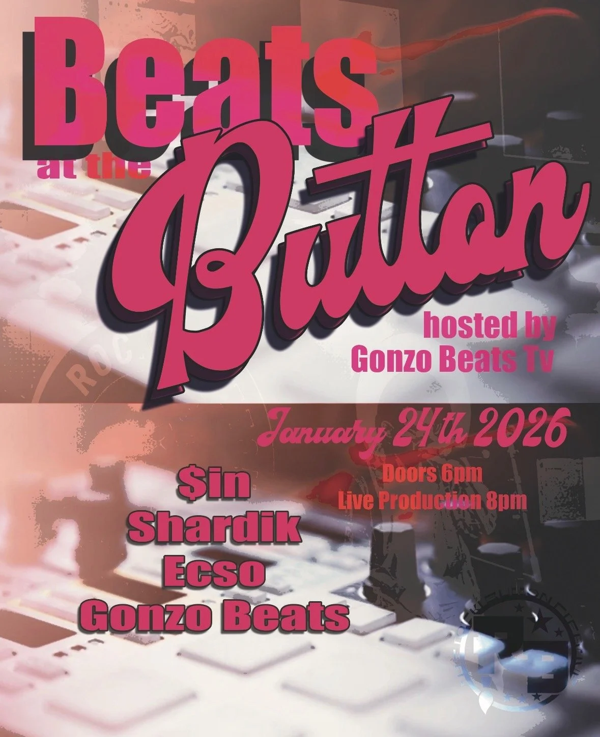 Event poster for 'Beats at the Gallery' hosted by Gonzo Beats TV on January 24th, 2026, featuring DJ Shin, Dardik, Ecso, and Gonzo Beats. The event starts at 6 pm, with live music at 8 pm.