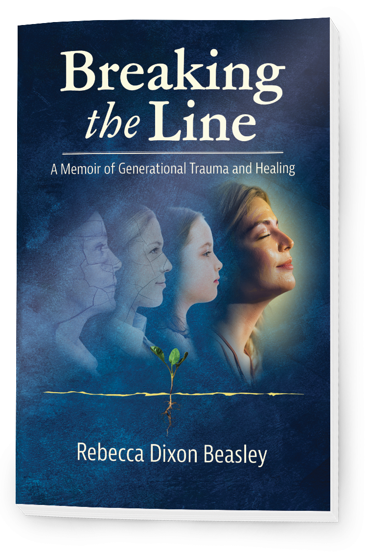 Book cover titled "Breaking the Line" by Rebecca Dixon Beasley, featuring a woman’s face with closed eyes and a peaceful expression, and a family tree with a small plant growing underground.
