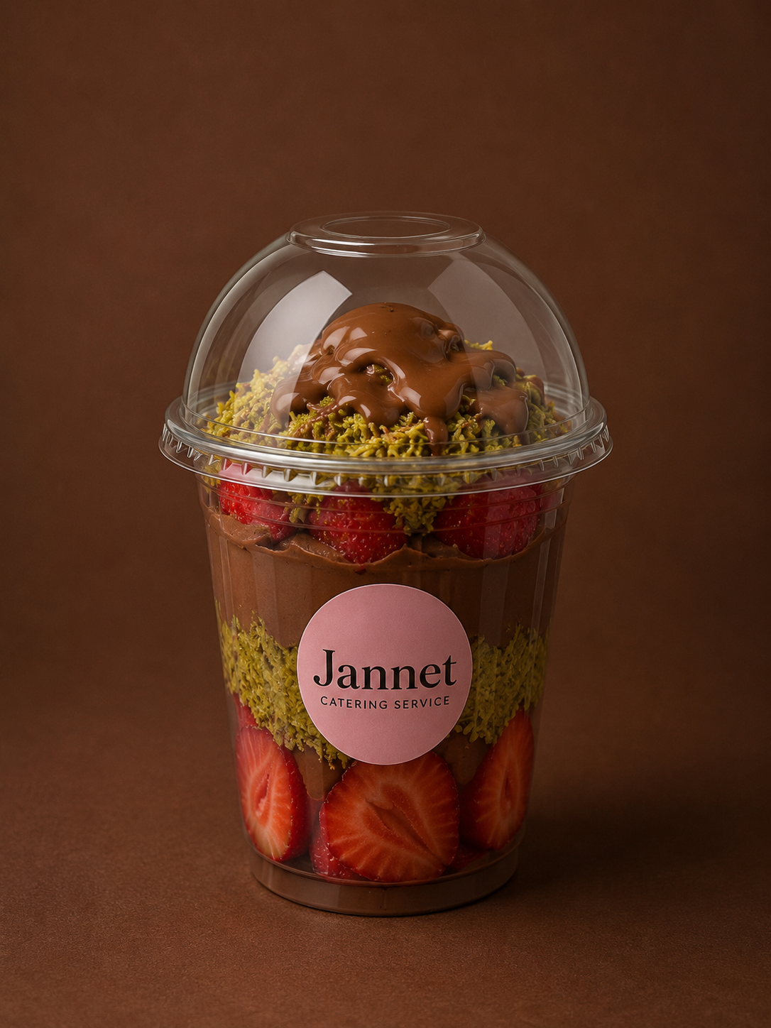 A clear plastic cup of layered strawberry, chocolate, and green matcha-flavored desserts with strawberries on the bottom, green topping, and chocolate on top, topped with a dome lid and a logo reading 'Jannet Catering Service'