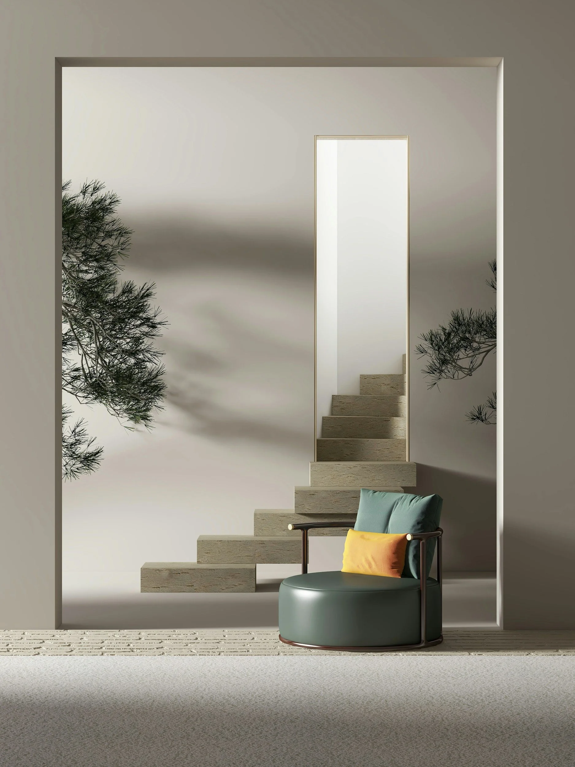Modern interior with a staircase, minimalistic design, pastel green round ottoman, dark chair with colorful pillows, and plants in wall niches, natural light from an unseen source.