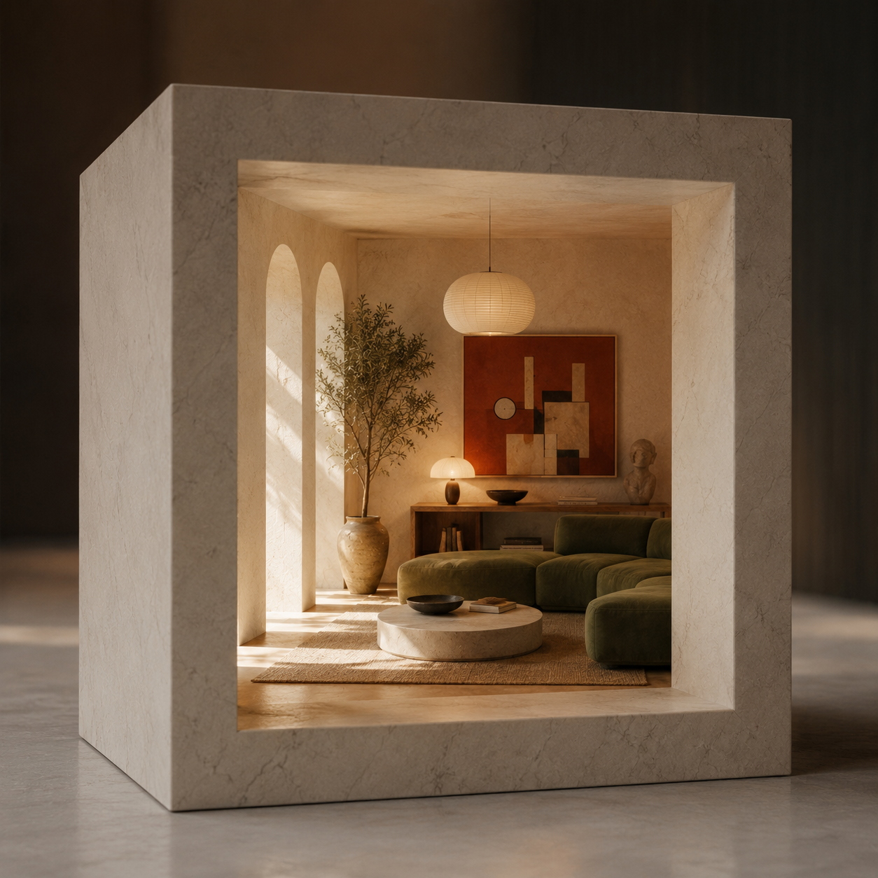 Interior living room scene viewed through a square frame opening, featuring a green sectional sofa, a round coffee table, a large potted plant, wall art, and various lamps in warm lighting.