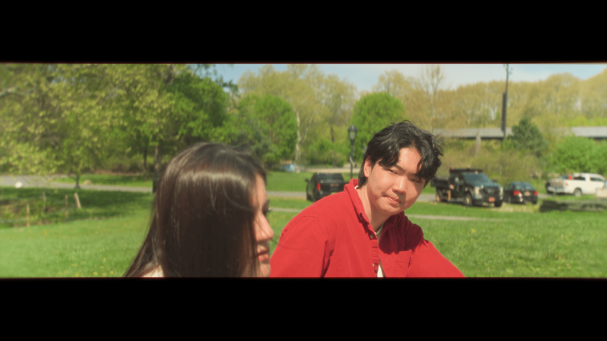 Two young adults sitting in a grassy park, surrounded by trees and parked cars, with one wearing a red shirt and the other with long dark hair, engaged in conversation on a sunny day.