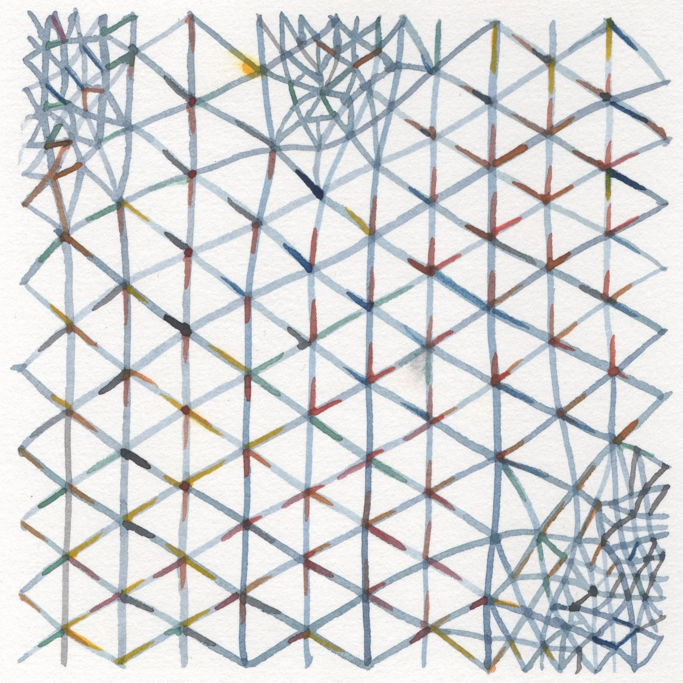 Abstract watercolor artwork with colorful intersecting lines forming a grid pattern.