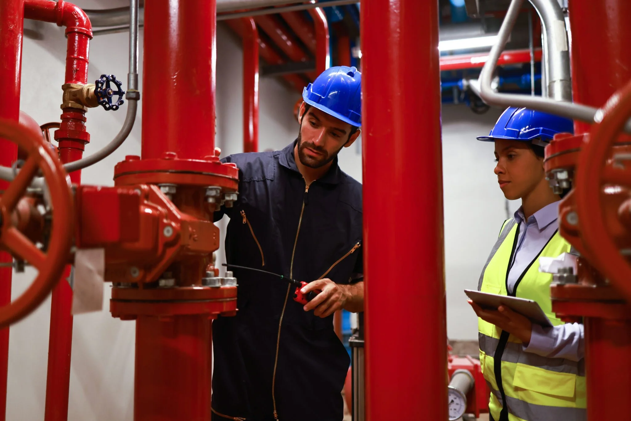 Two workers, one in a yellow safety vest and the other in dark clothing with a blue safety helmet, are inspecting red industrial plumbing pipes in an industrial setting.