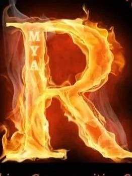 A letter R made of flames, with the word 'MYA' vertically aligned inside the flame on the left side.
