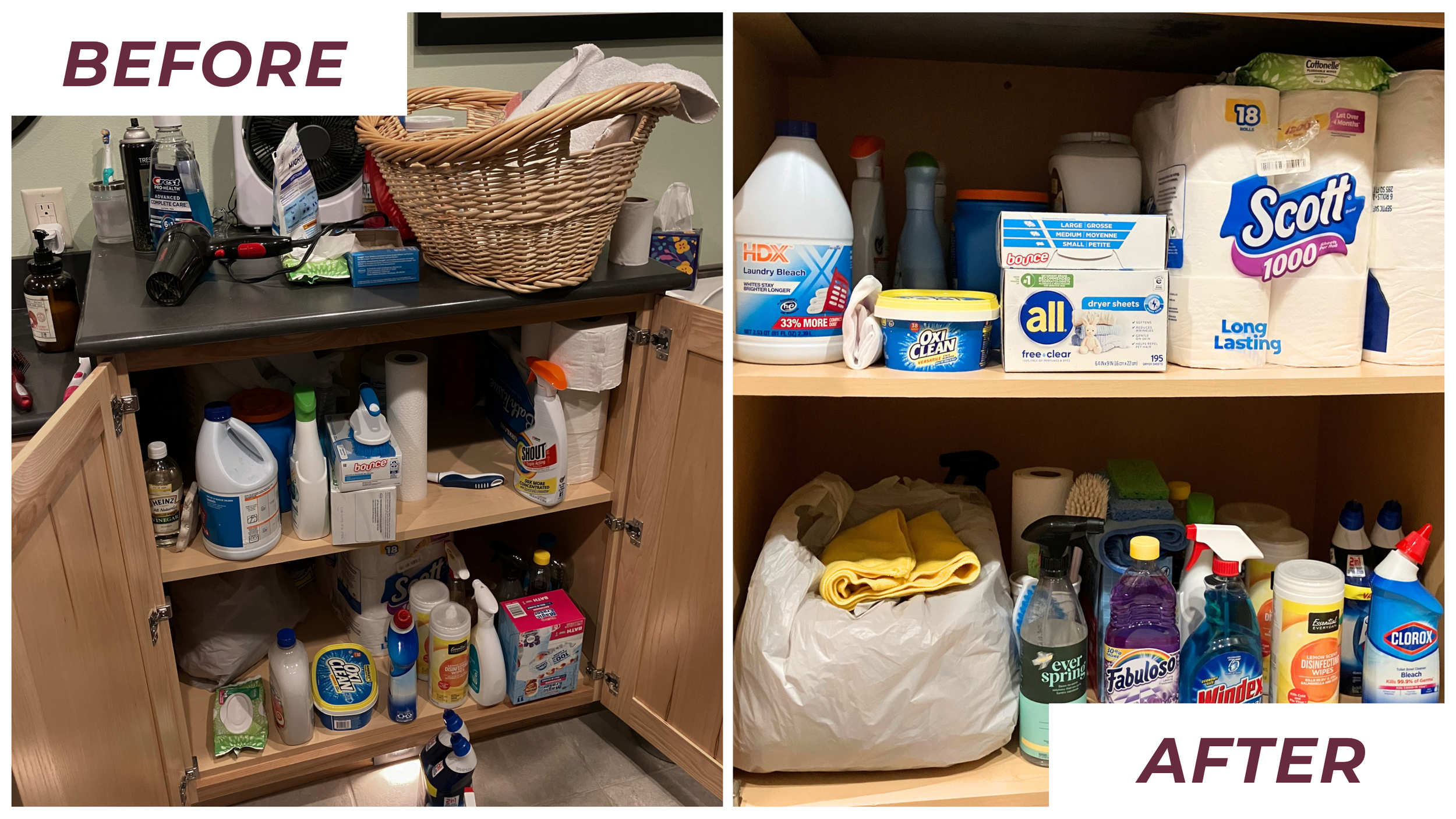 Comparison of a cluttered messy cleaning supplies cabinet labeled 'Before' on the left and a tidy organized cabinet labeled 'After' on the right, showing clear storage of cleaning products, paper towels, and household items.