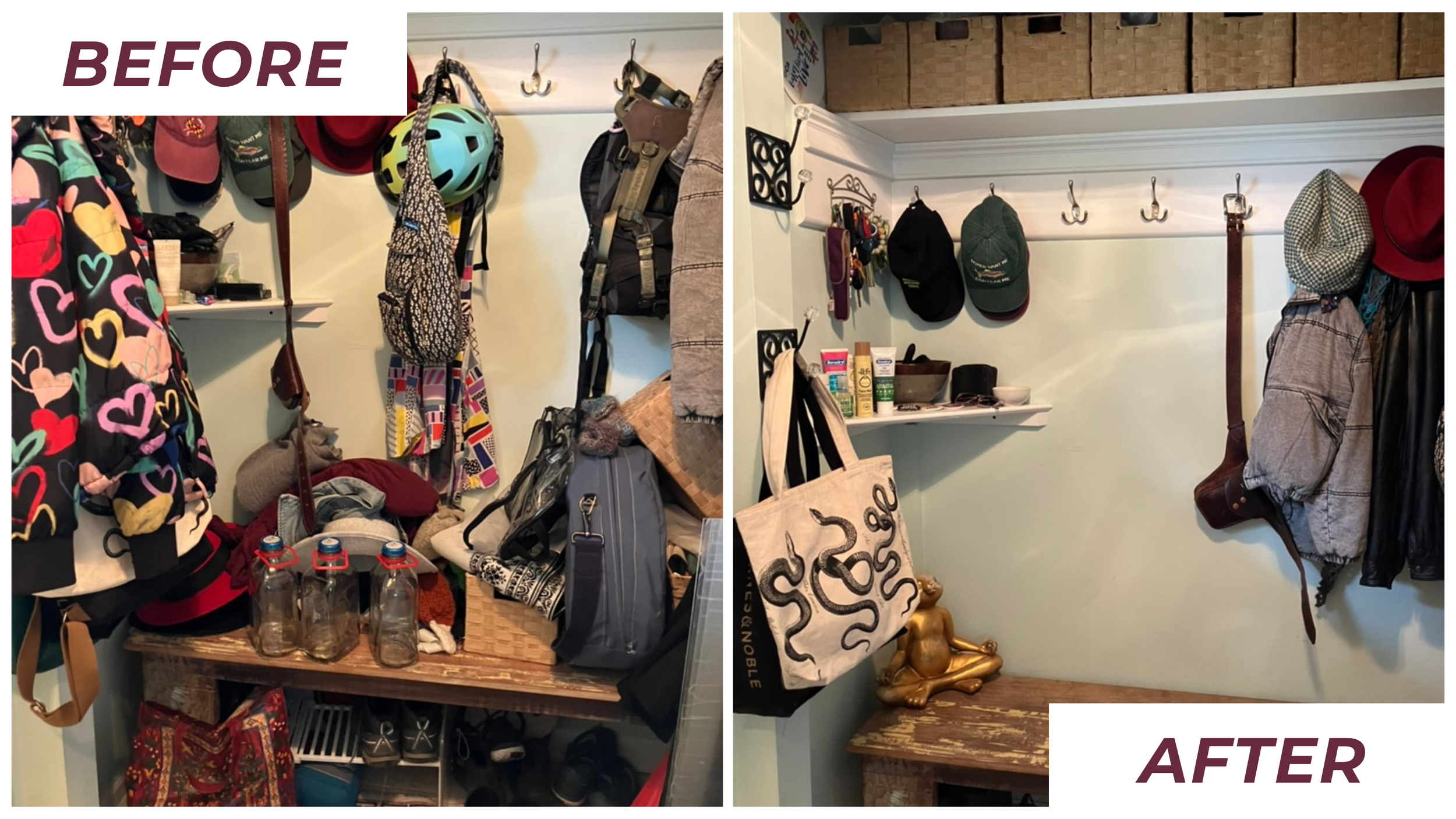 Comparison of a cluttered closet before and after organization, showing reduced clutter and a tidy space with hooks, storage baskets, and decor.