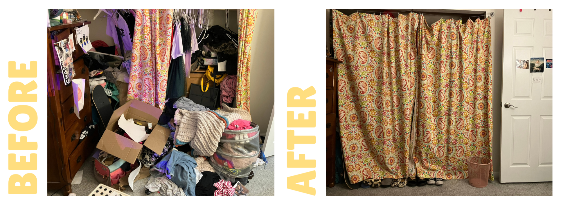 Comparison of a cluttered closet before organizing and a tidy closet after organizing, showing the transformation from mess to neatness.