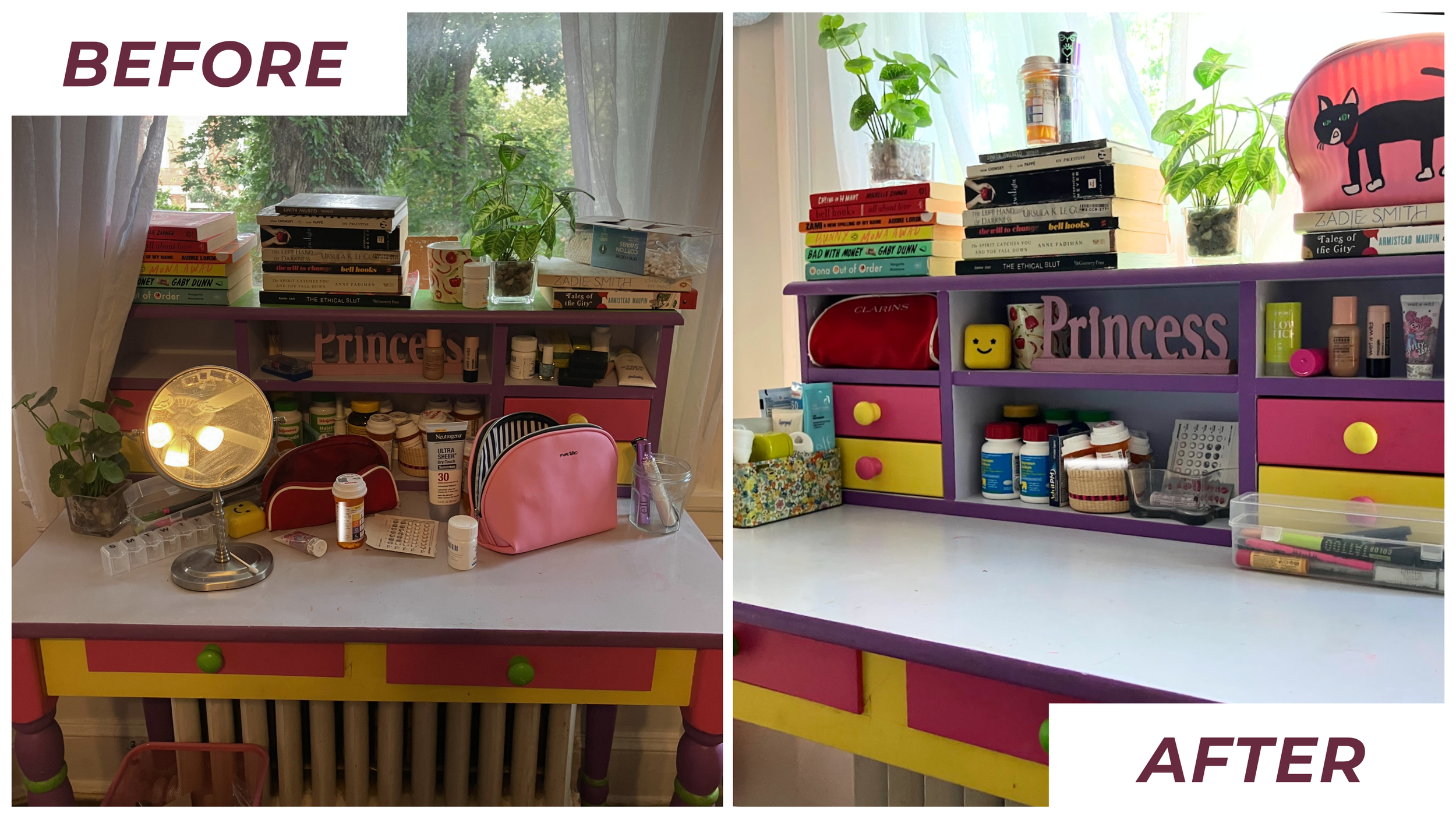 A comparison of a cluttered and disorganized kid's desk before and after cleaning and organizing. The before side shows a messy surface with various bottles, a mirror, and scattered items. The after side shows a tidy desk with arranged books, containers, and decorative elements, including a pink and purple themed shelf and a small plant.