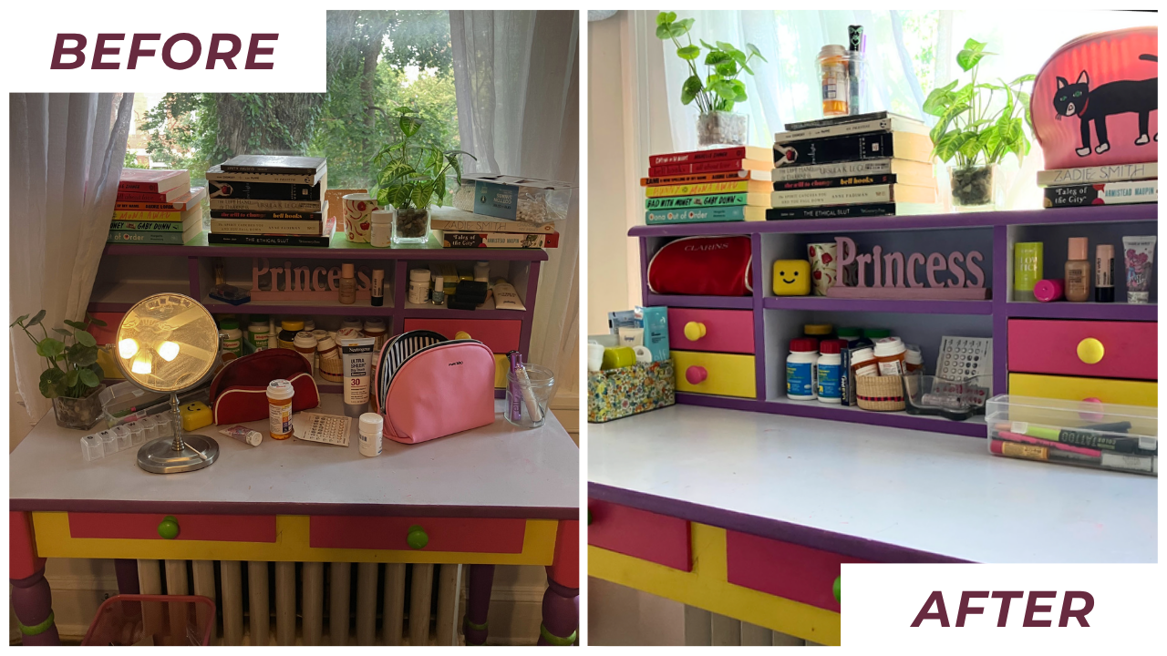 Side-by-side comparison of a cluttered desk before and after organization, featuring a pastel pink, yellow, and purple desk with makeup, books, medicine, and plant decor.