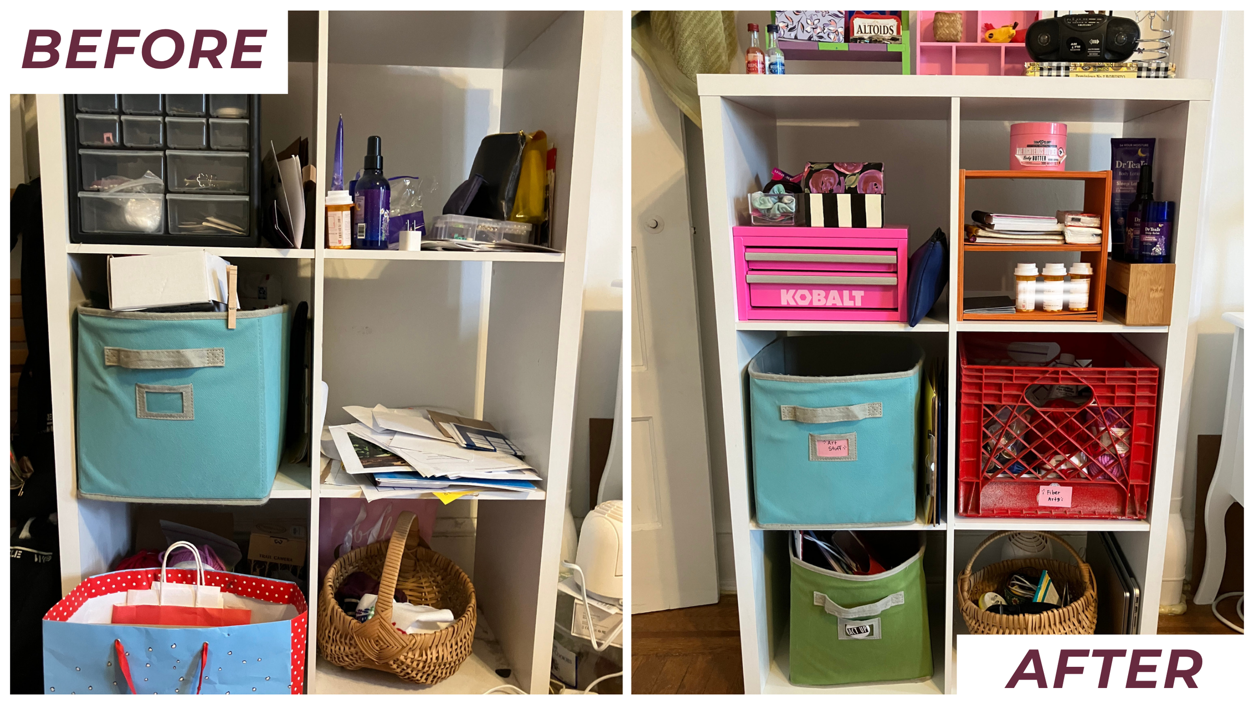 Comparison of a cluttered shelves before and after organization. The before side shows messy items and papers, while the after side shows neatly organized bins, a labeled pink toolbox, and labeled bins for art supplies and fiber arts.