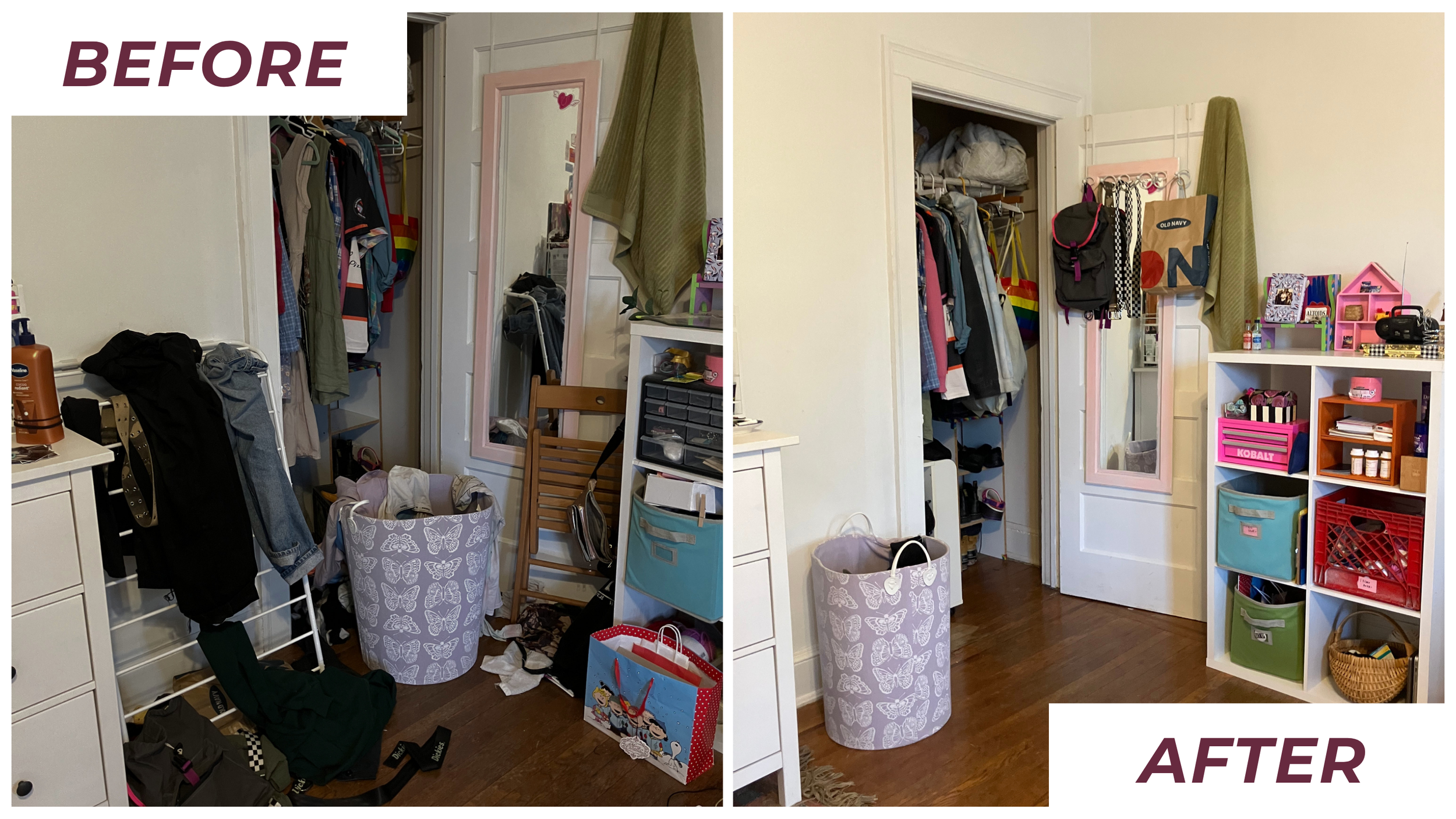 Before and after images of a room makeover, showing the cluttered and messy state on the left and the organized and tidy room on the right.