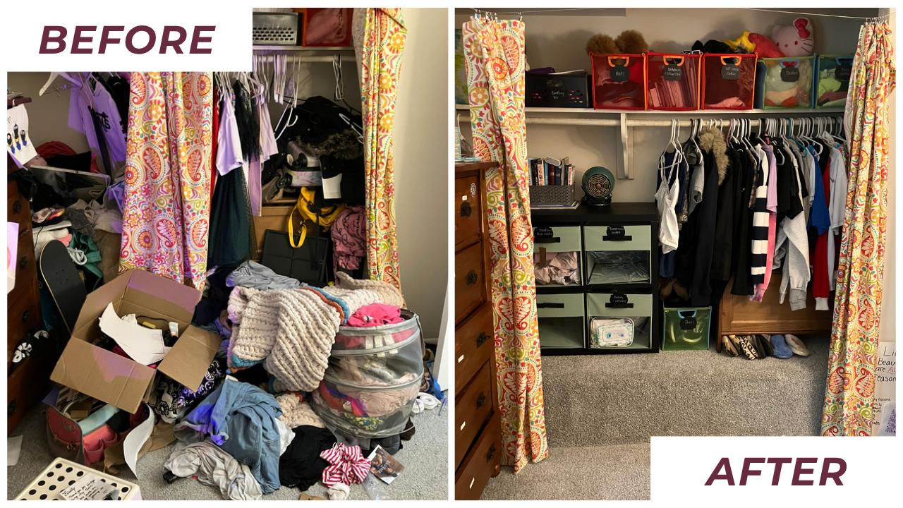 Comparison of a cluttered closet before and a neatly organized closet after organizing, with clothes and items visibly sorted and stored.