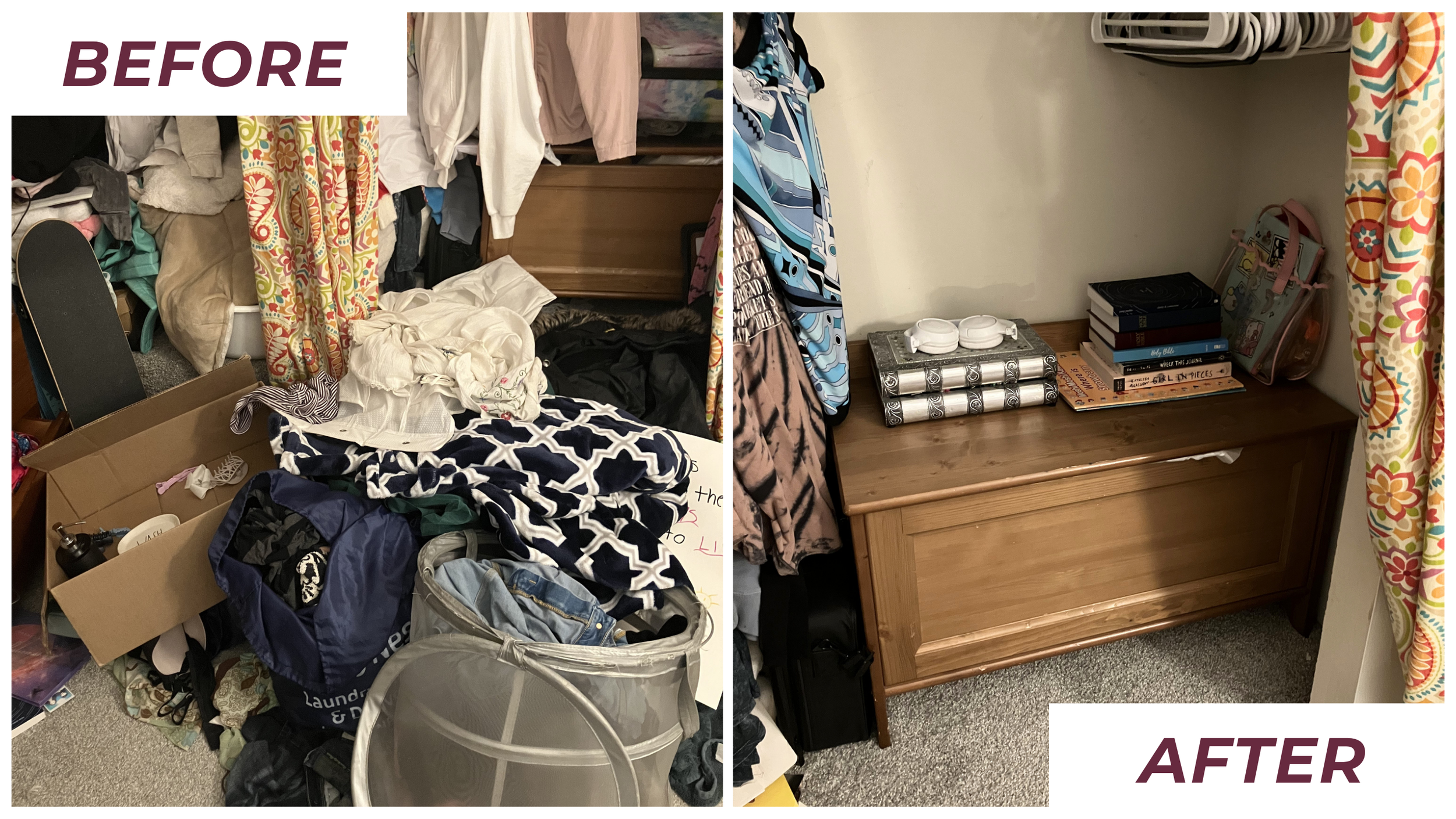 Comparison of a cluttered messy room with piles of clothes, boxes, and items on the left, and an organized, tidy room with a clear surface and neatly stored items on the right.