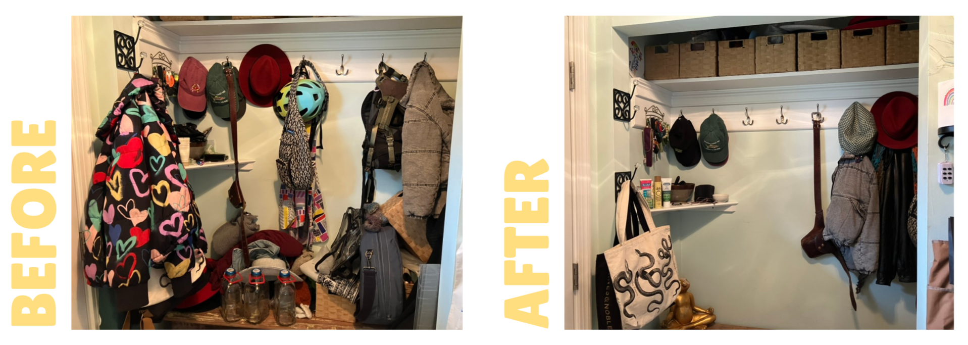 Comparison of a cluttered coat closet before organizing and an organized closet after tidying, with hats, bags, hooks, and stored items.